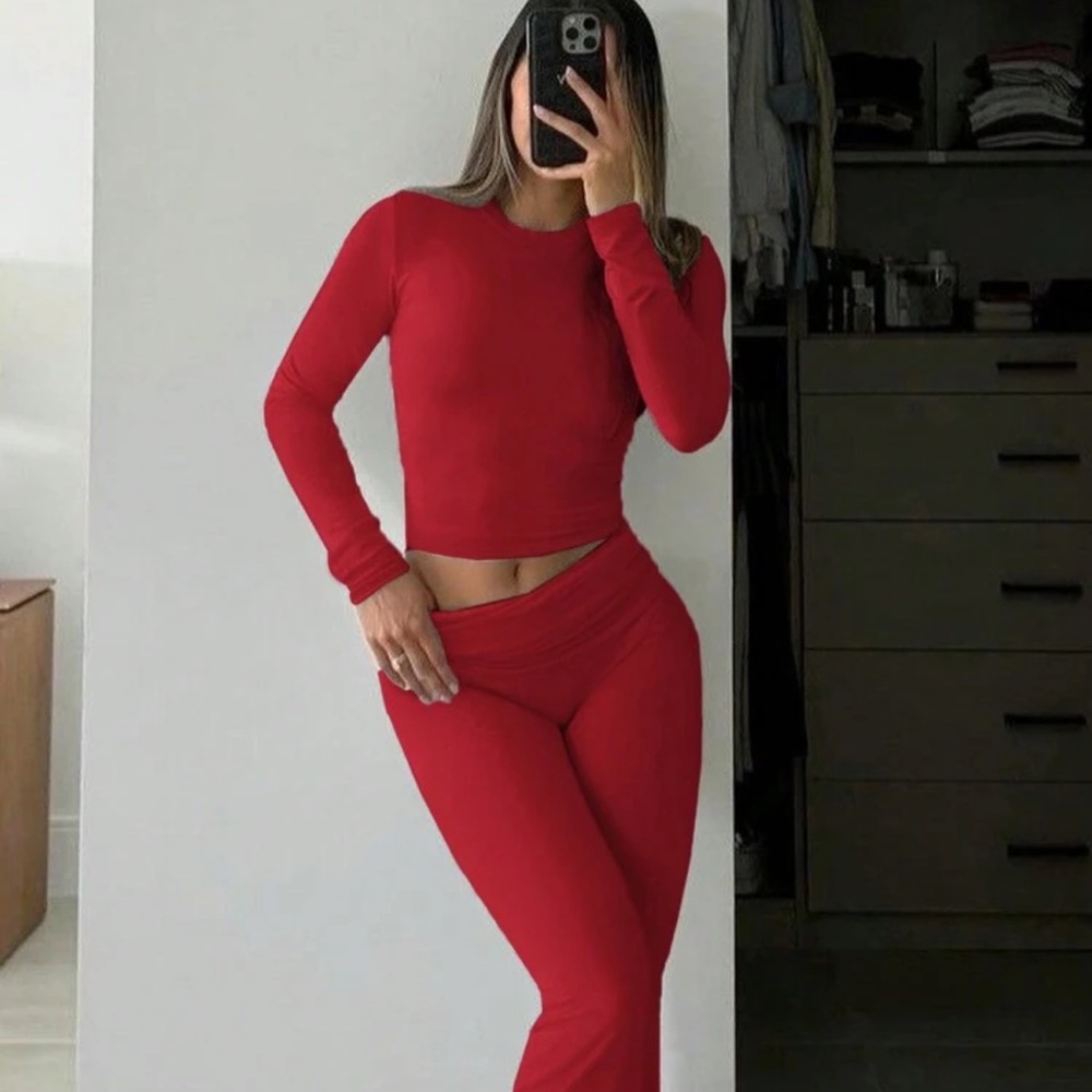 2pcs Women Solid Color Crew Neck Long Sleeve Top And Pants Casual Set